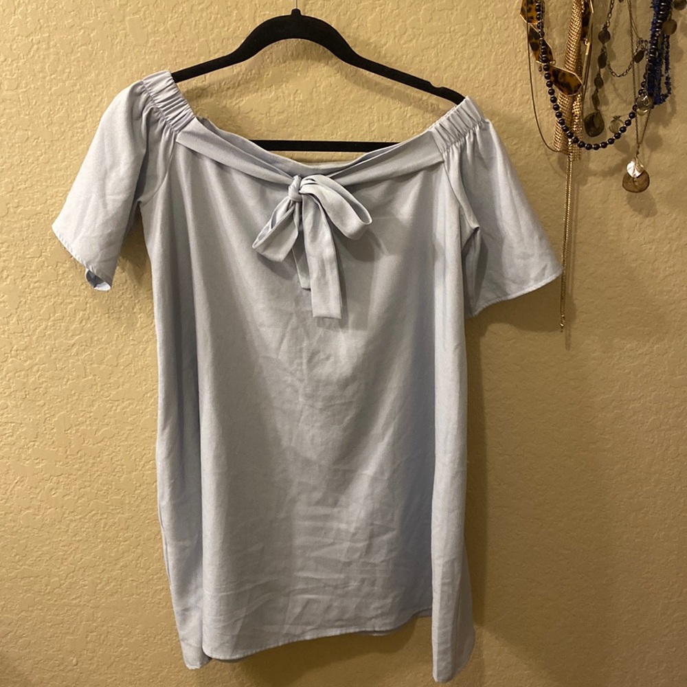 Sky blue off the shoulder dress with bow neckline